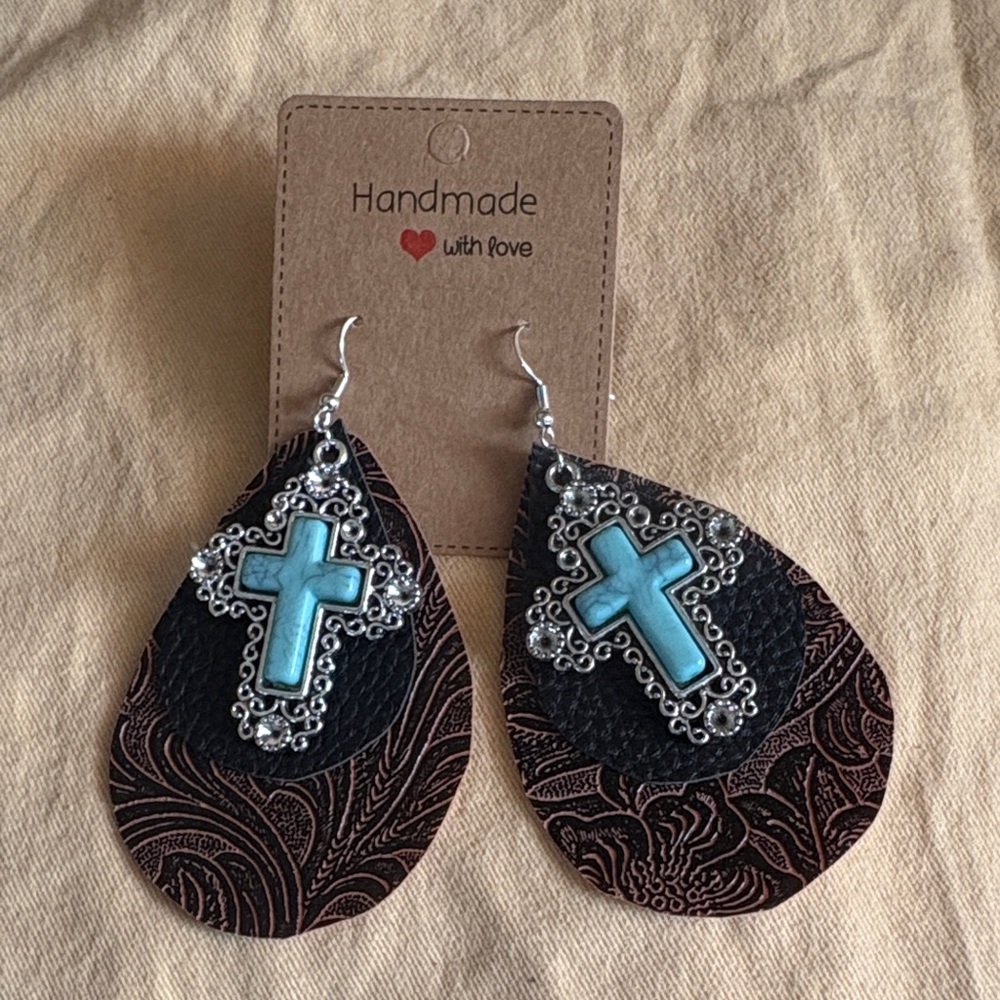 Handmade Turquoise and Silver Cross Earrings